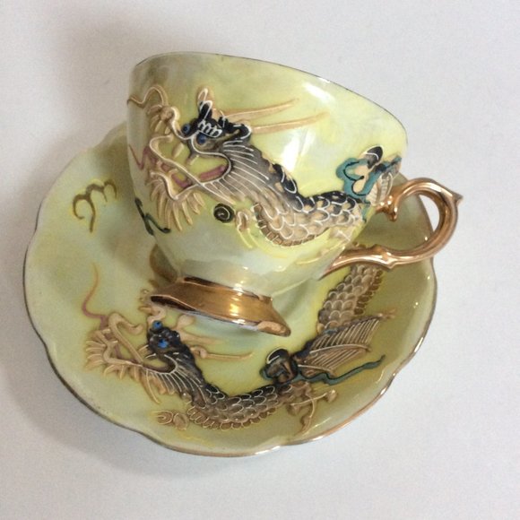 Vintage Shaff handpainted raised dragon saucer and cup gold gild handle Japanese - Picture 11 of 12